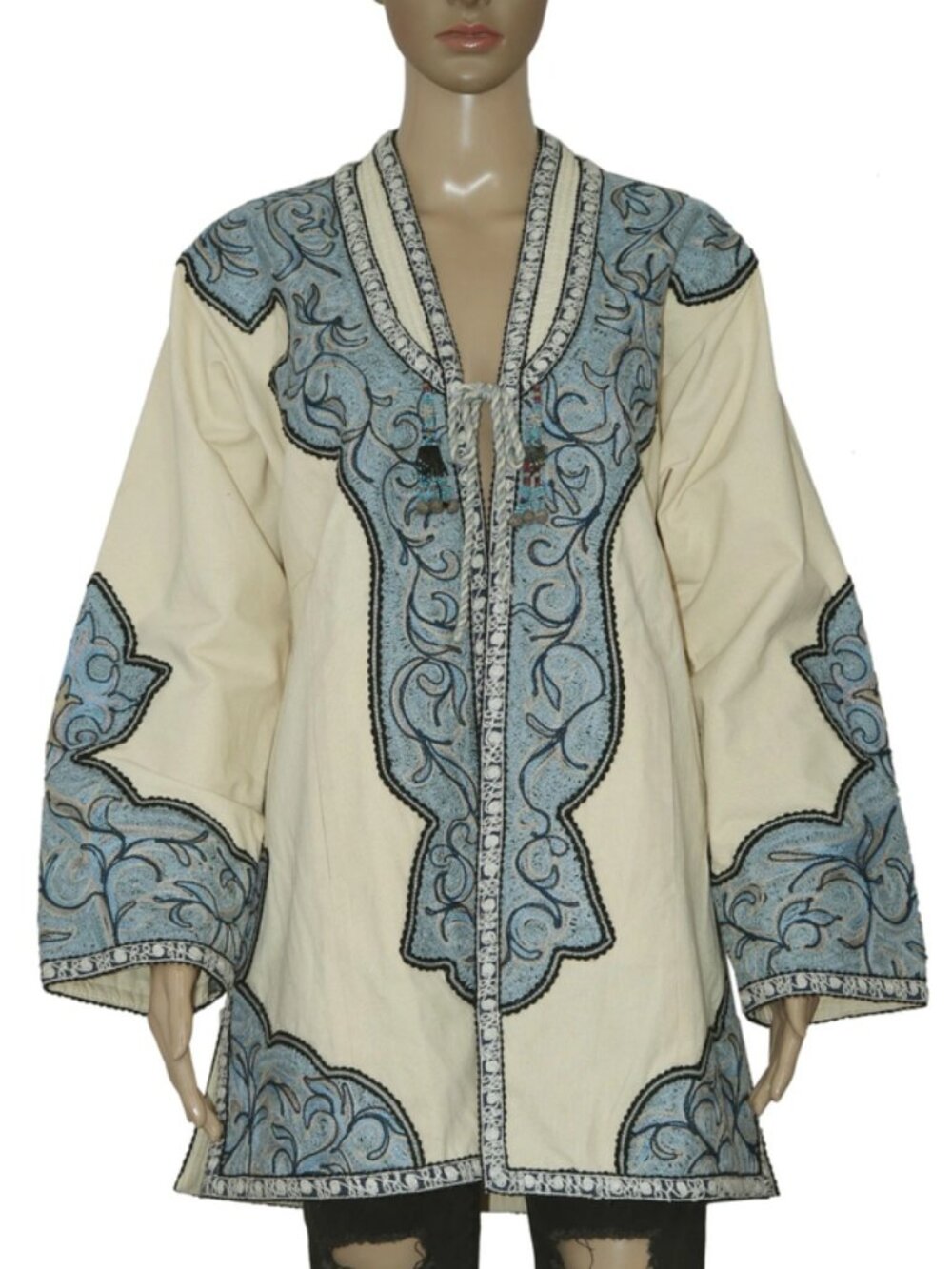 Bukhara Ovaciya Couture Embroidered Tie Front Long Sleeve Tunic Jacket L